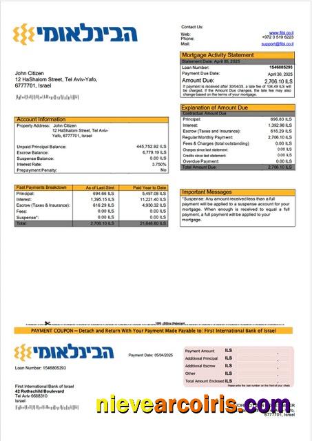 Israel First International Bank of Israel mortgage statement Word and PDF template